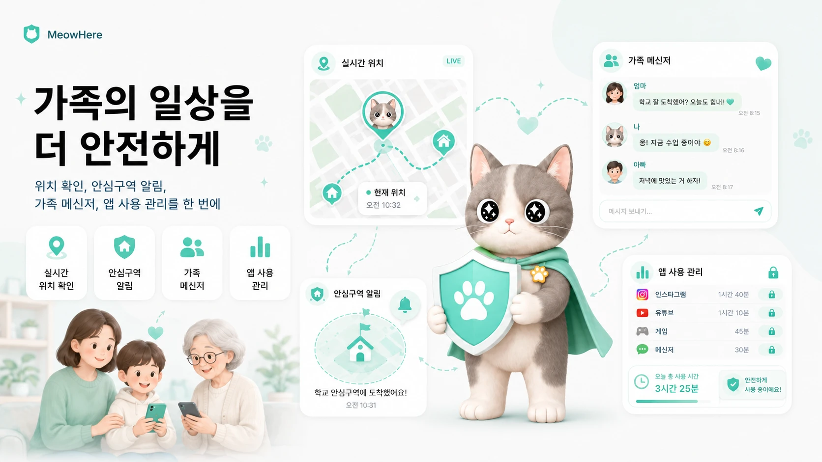 MeowHere 앱 분위기를 보여주는 가족 안전 일러스트